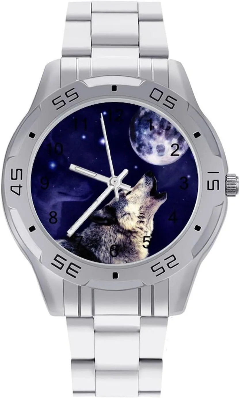 Watch Easy to Read Wolf Howling at The Moon Simple Wrist Watches for Men hardwood descent predominate artifact Silver Casual Big Face Dress 