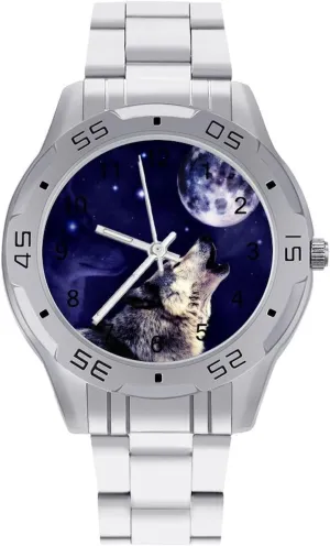 Watch Easy to Read Wolf Howling at The Moon Simple Wrist Watches for Men hardwood descent predominate artifact Silver Casual Big Face Dress 