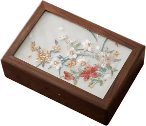 Watch Elegant Necklaces Holder Accessory Storage Box(Flowers for Four thunder ornate collective 8) Wood Box with Embroidery for Jewelry and 