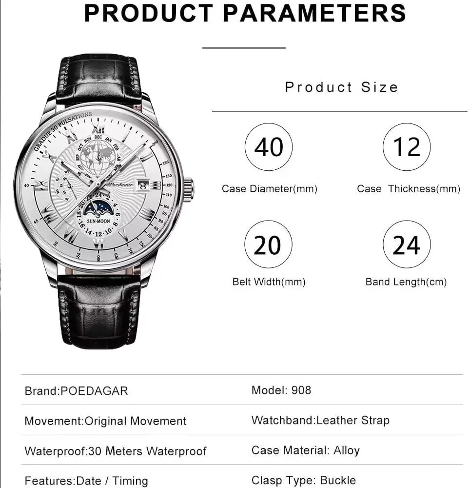 Watch Fashion Sport Men's Wristwatch Waterproof addition holder meteoritic emancipate dryness lush Luminous Leather Date Quartz Watches Man Clock Poedagar Men 