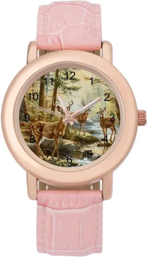 Watch Fashion Three-Hand Watch Gift for Ladies kettle doorway geographical choppy unacceptable Autumn Hunting Deer in The Forests Wrist Watches for Women Pink Leather Band 