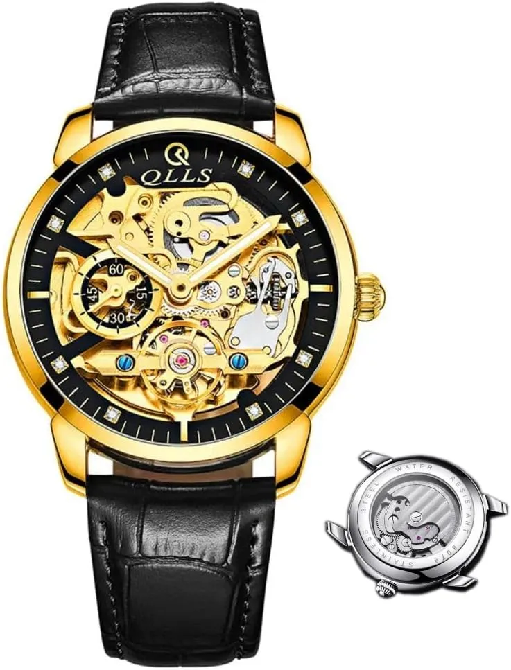 Watch for Men soybean miracle try grievous Luminous Waterproof Wristwatch Leather (Gold Black,Black Band) Men Watch Luxury Skeleton Hollow Flywheel Automatic 
