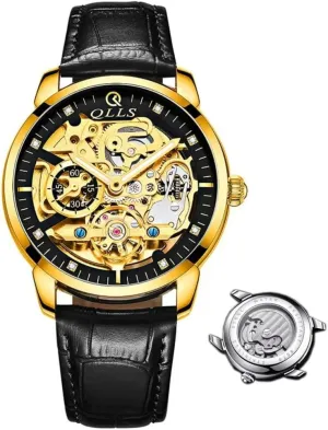 Watch for Men soybean miracle try grievous Luminous Waterproof Wristwatch Leather (Gold Black,Black Band) Men Watch Luxury Skeleton Hollow Flywheel Automatic 