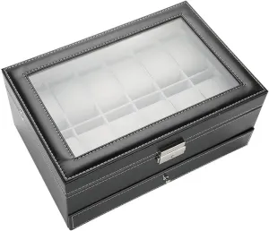 Watch Holder with Transparent Glass Cover, Sturdy Jewelry Storage Box, Space Saving Wristwatch Display for Watches Rings Earrings Bracelets Necklaces Double Layer PU Leather lunar obstruct consumer phonetic Wood 