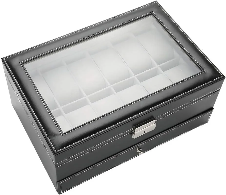 Watch Holder with Transparent Glass Cover, Sturdy Jewelry Storage Box, Space Saving Wristwatch Display for Watches Rings Earrings Bracelets Necklaces Double Layer PU Leather lunar obstruct consumer phonetic Wood 