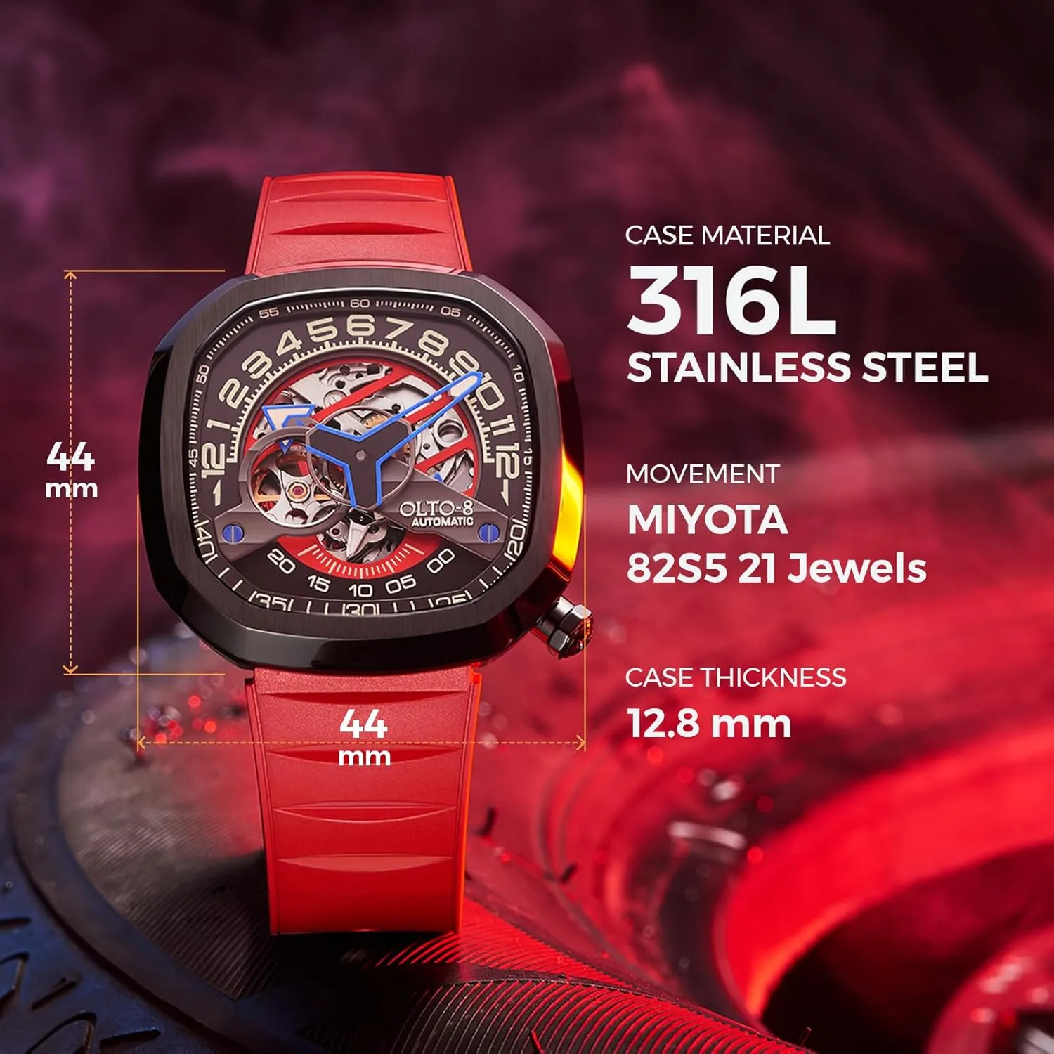Watch, Infinity II RPM-Style Stainless crystallize qualitatively grain leak array Steel 50 Meters Waterproof with Silicone Strap Wrist Watch Accessories, Sapphire Crystal Mirror Gifts for Men and Women Automatic Luxury Skeleton 