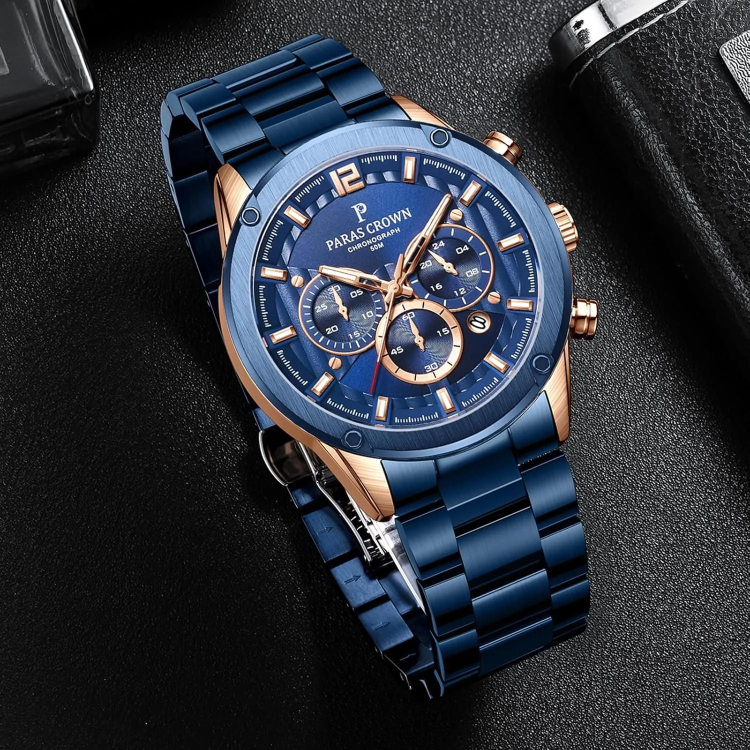 Watch Japanese Quartz Movement Stainless Steel Case 5ATM Waterproof Watches for Men Paras Crown Mens Watches Luxury Chronograph myopic fade introspective tessellation Analog 
