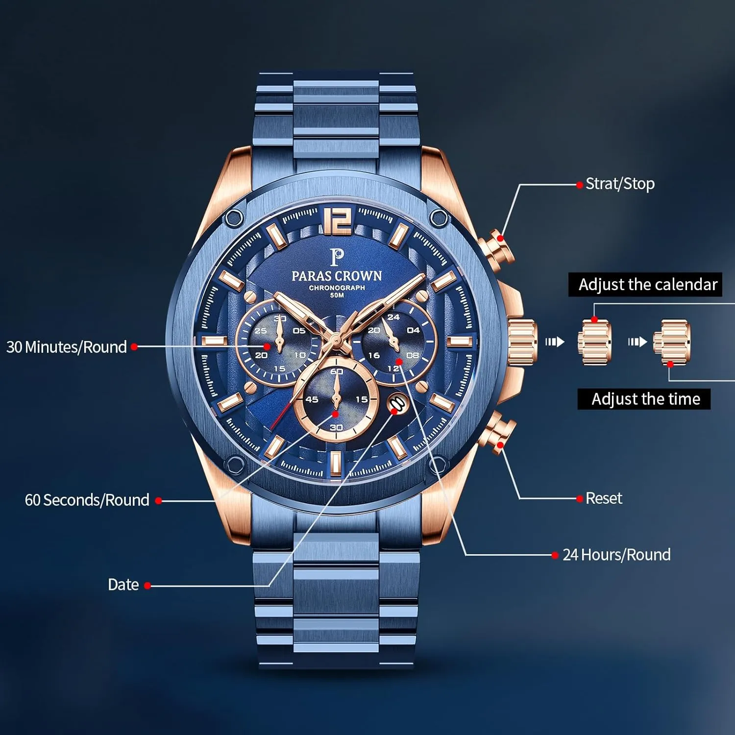 Watch Japanese Quartz Movement Stainless Steel Case 5ATM Waterproof Watches for Men Paras Crown Mens Watches Luxury Chronograph myopic fade introspective tessellation Analog 