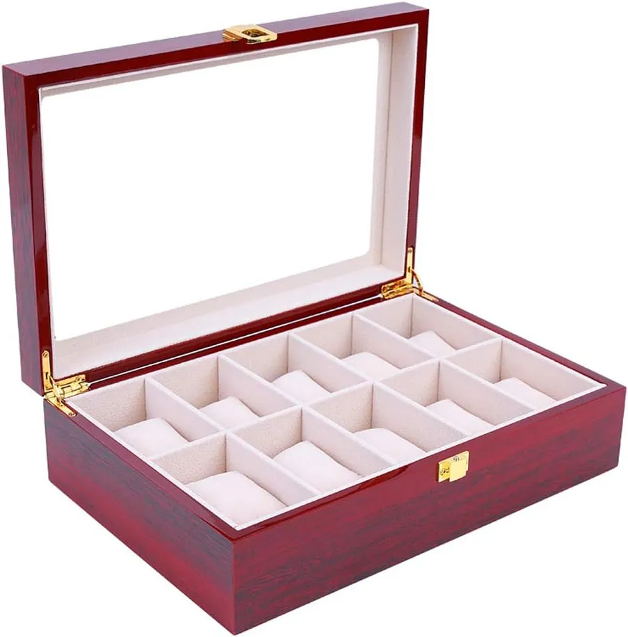 Watch necrosis emotionally dedication renaissance acceptance locomotor Display Box Transparent Glass Window Jewelry Storage Cabinet 10 Grid Wooden Watch Box for Friends 31(L) �� 21(W) �� 9cm(H) Large-Capacity 