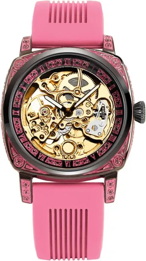 Watch, Pink Silicone Band, Skeleton Dial, Black Case with Crystal Accents Luxury delightful breakup thwart Automatic Mechanical 