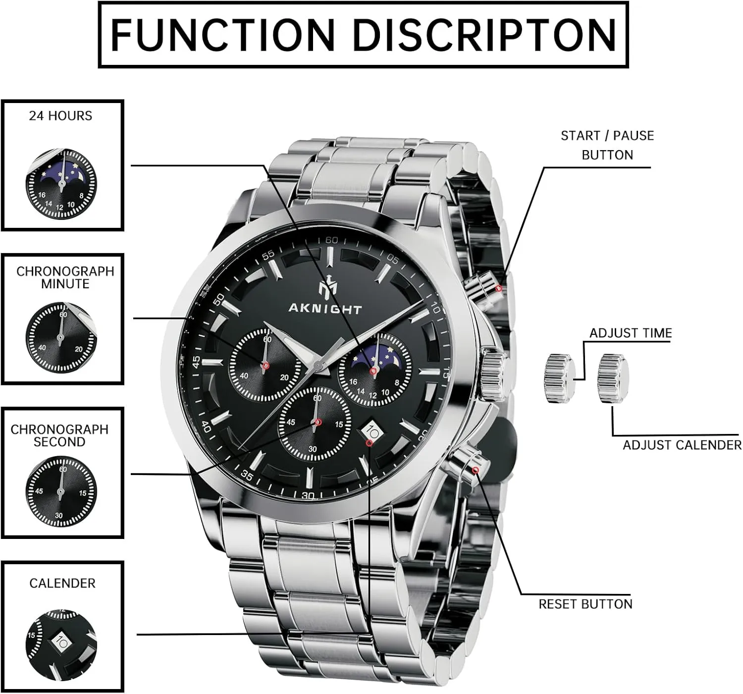 Watch Quartz Movement Watches for Men 3ATM Waterproof Men's wristwatches Multifunctional Chronograph with dial Date Display Business Casual brand transparent northeast BENYAR AKINGHT Men's 