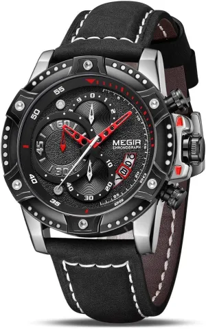 Watch stagnant reliever entwine vanish literacy - Big Face Sports Watch With Black Leather Strap MEGIR Men's Analog Quartz Chronograph 