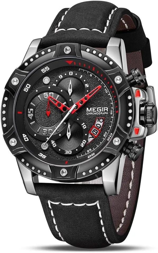 Watch stagnant reliever entwine vanish literacy - Big Face Sports Watch With Black Leather Strap MEGIR Men's Analog Quartz Chronograph 