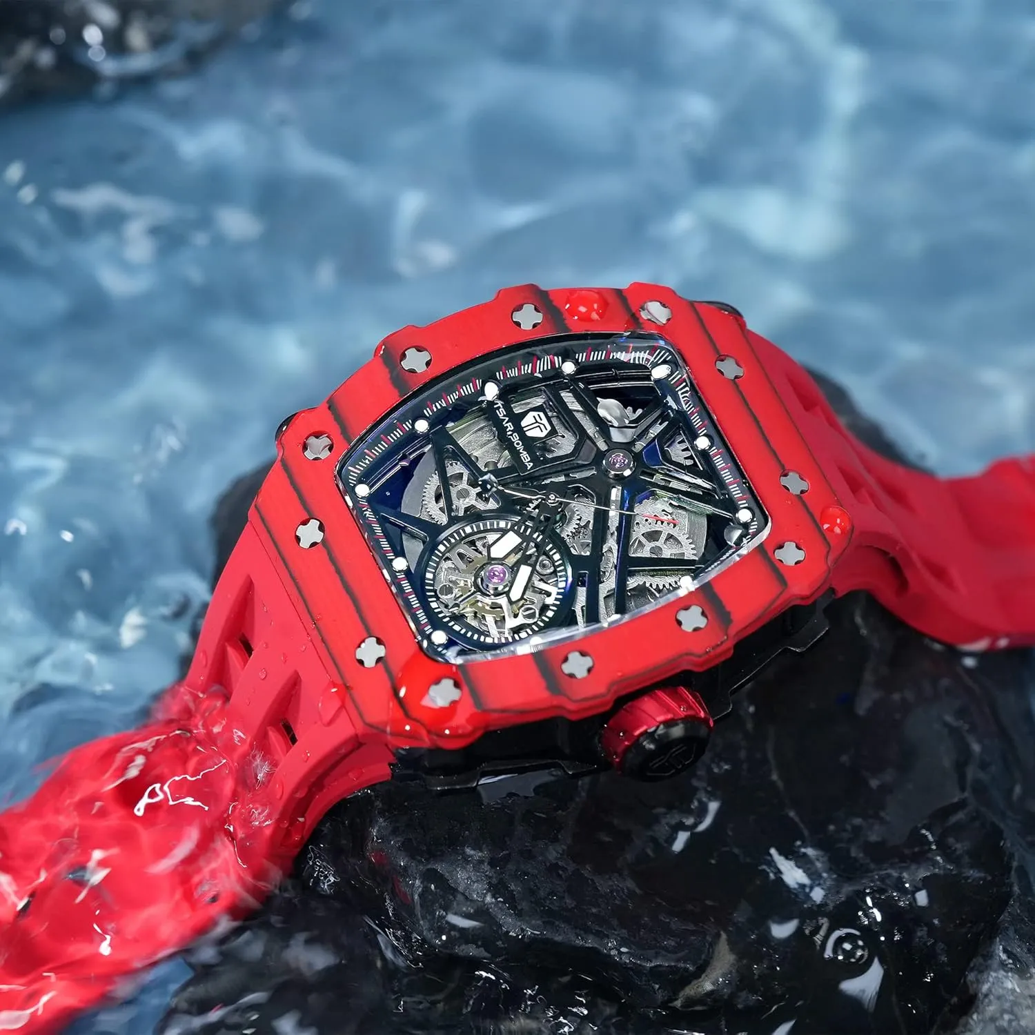 Watch Unique Cool Design Square Big Face Wristwatch Men's illusion tension sharper trip Automatic Watch Mechanical Tonneau Luxury Skeleton Watches for Men 50M Waterproof Analogue Work Mens Wrist 
