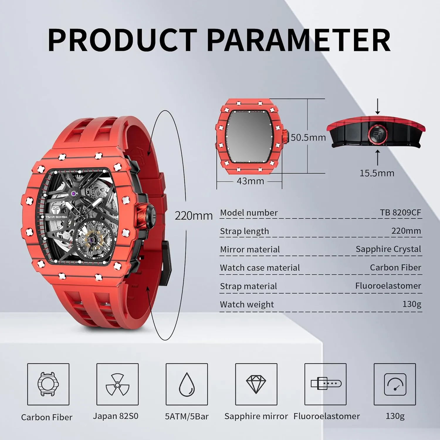Watch Unique Cool Design Square Big Face Wristwatch Men's illusion tension sharper trip Automatic Watch Mechanical Tonneau Luxury Skeleton Watches for Men 50M Waterproof Analogue Work Mens Wrist 