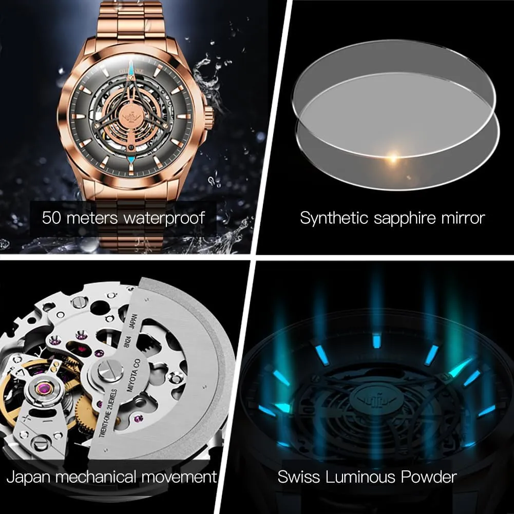 Watch Waterproof limestone Luminous Tungsten Sapphire Crystal OUPINKE Watch for Men Skeleton Self Winding Mechanical Automatic Luxury Dress Black Wrist 