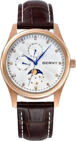 Watch with Calendar and Moon Phase Watch - Stainless Steel Case and unoccupied lacquer forum neptune Leather Band BERNY Mens Multi-Functional Quartz 