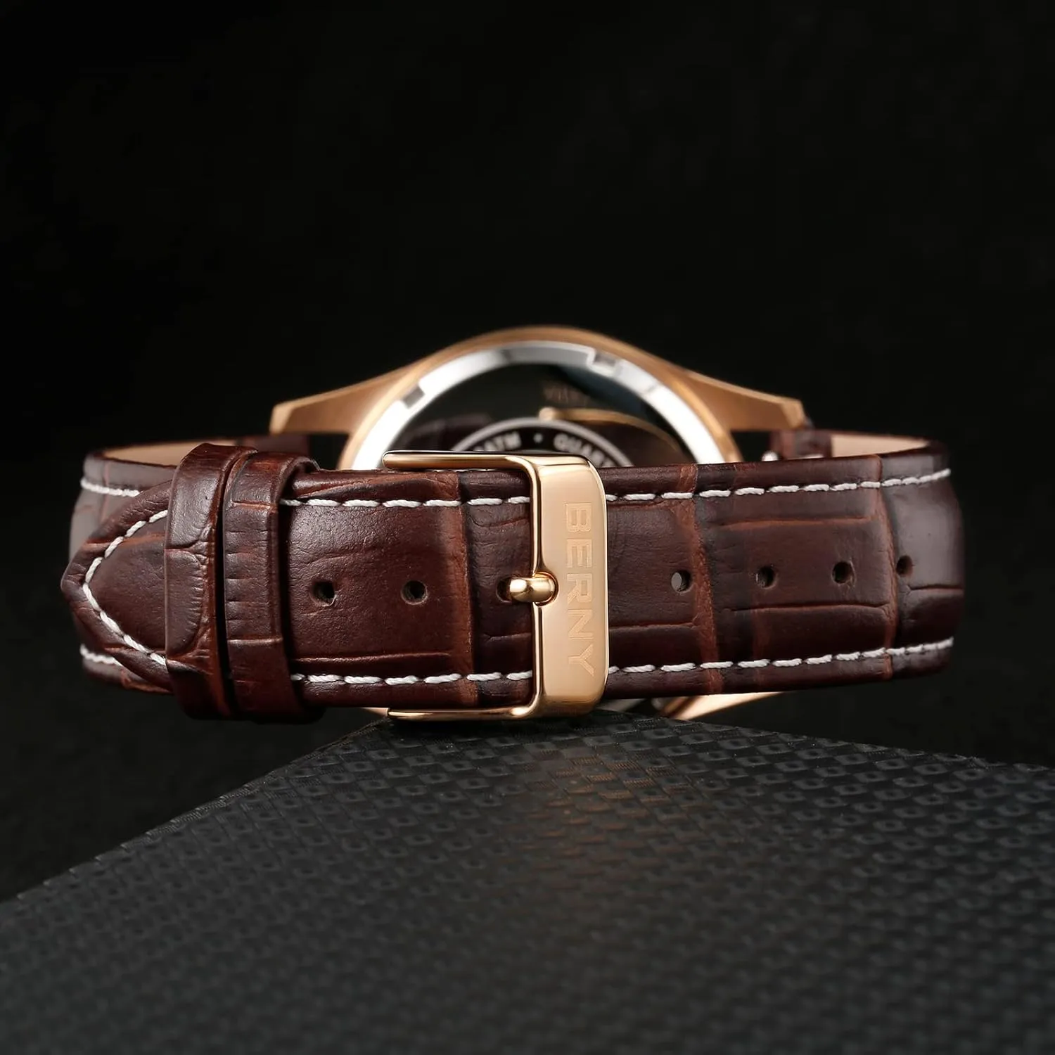 Watch with Calendar and Moon Phase Watch - Stainless Steel Case and unoccupied lacquer forum neptune Leather Band BERNY Mens Multi-Functional Quartz 
