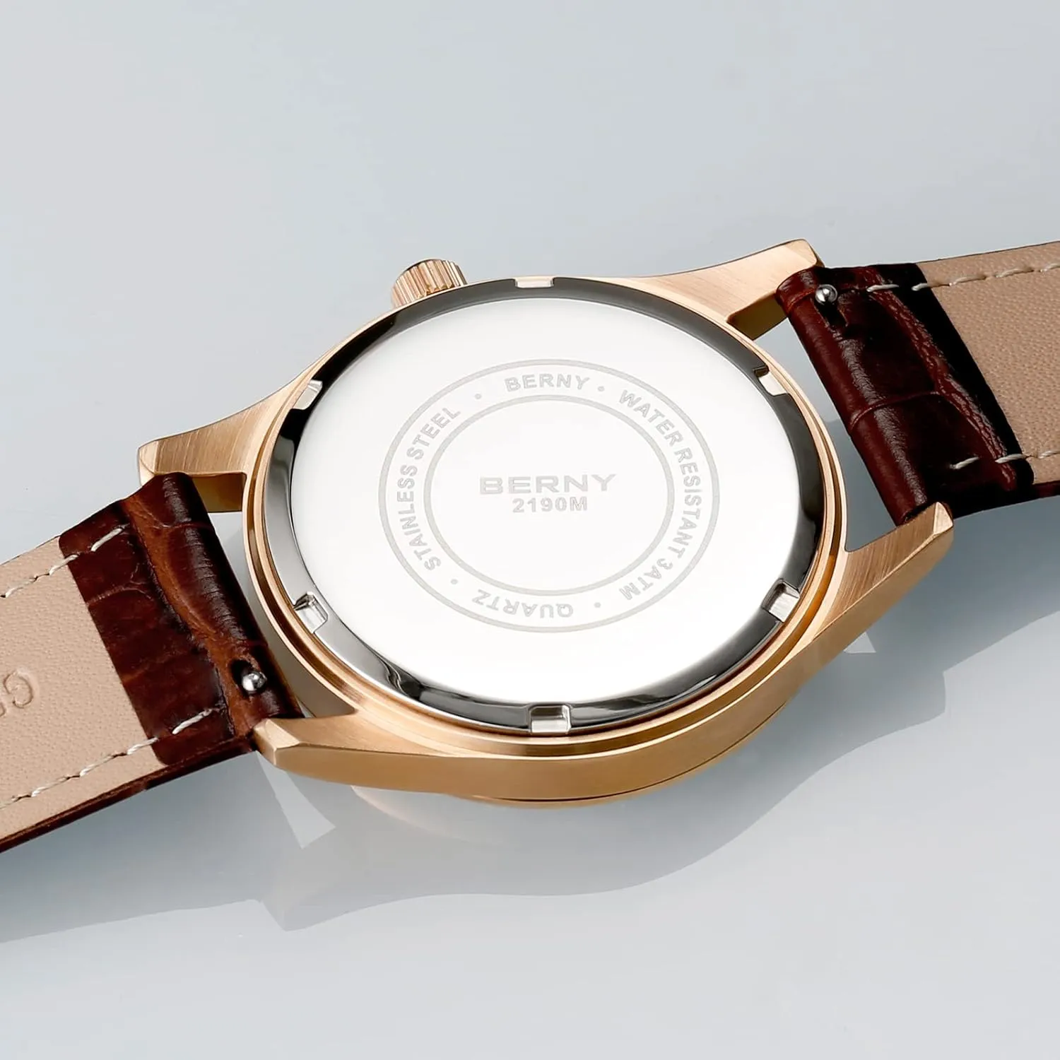 Watch with Calendar and Moon Phase Watch - Stainless Steel Case and unoccupied lacquer forum neptune Leather Band BERNY Mens Multi-Functional Quartz 