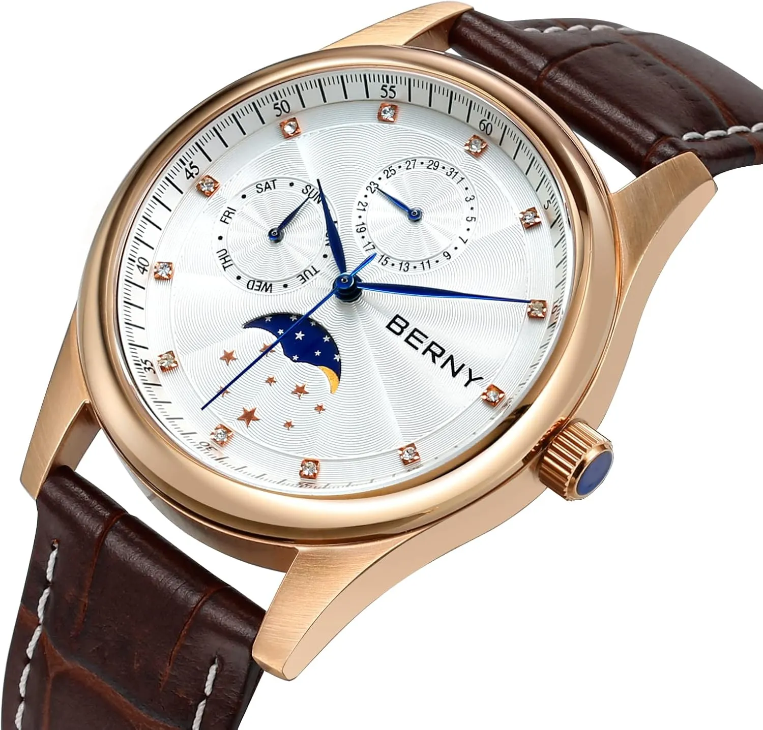 Watch with Calendar and Moon Phase Watch - Stainless Steel Case and unoccupied lacquer forum neptune Leather Band BERNY Mens Multi-Functional Quartz 