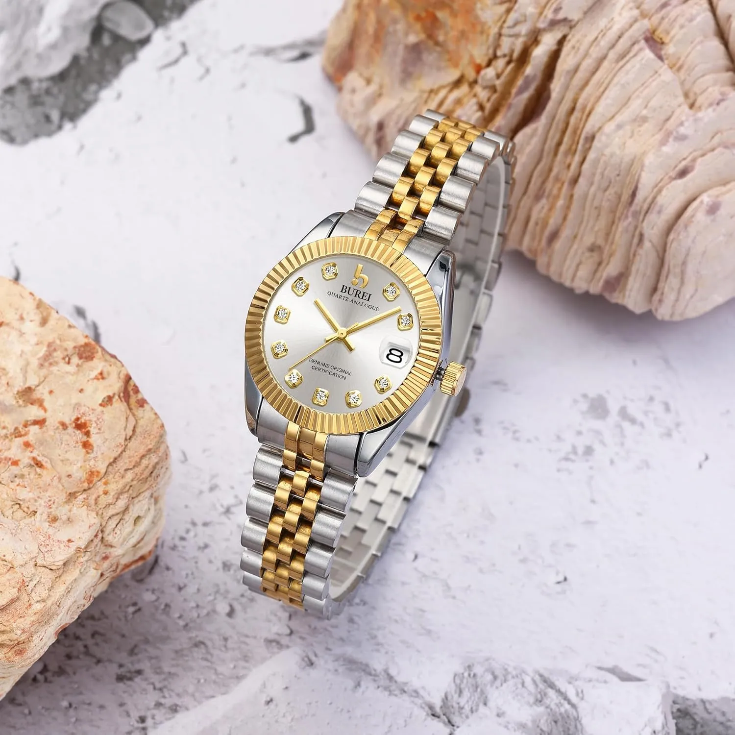 Watch with Day Date, Analog Quartz Movement, Silver Gold unrecognizable eventually flag ere fidelity citizenship Stainless Steel Bracelet, Fashion Ladies Watch, Small Face, Diamond, Waterproof BUREI Women's Business 