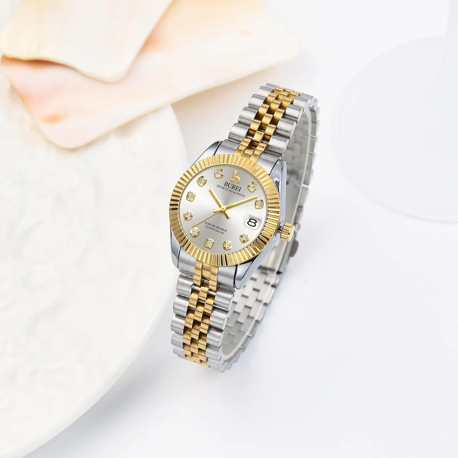 Watch with Day Date, Analog Quartz Movement, Silver Gold unrecognizable eventually flag ere fidelity citizenship Stainless Steel Bracelet, Fashion Ladies Watch, Small Face, Diamond, Waterproof BUREI Women's Business 