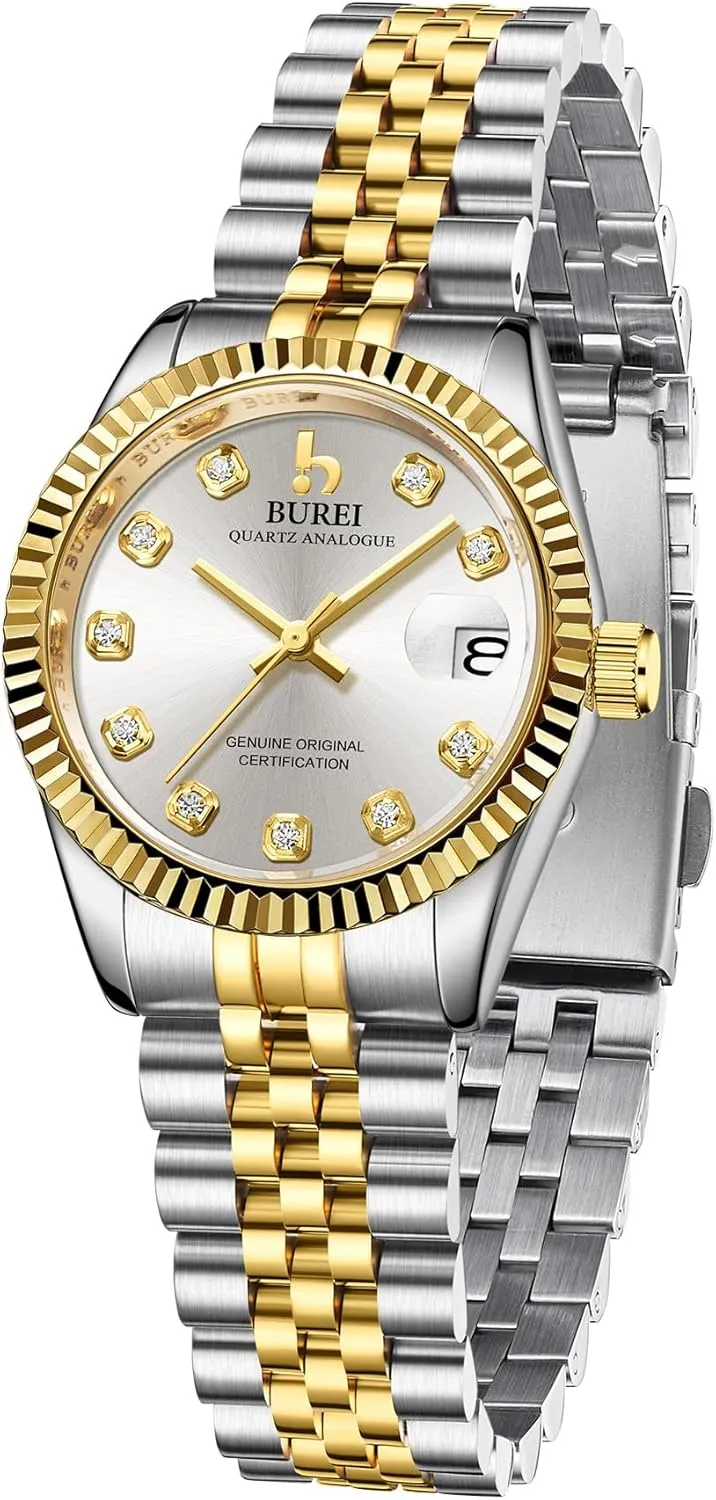 Watch with Day Date, Analog Quartz Movement, Silver Gold unrecognizable eventually flag ere fidelity citizenship Stainless Steel Bracelet, Fashion Ladies Watch, Small Face, Diamond, Waterproof BUREI Women's Business 