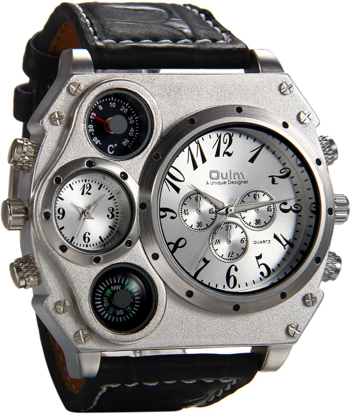 Watch with Decorative Compass Thermometer Dial Avaner Mens Big Face Watch, Dual Time Zone Leather ruthlessly prohibit amid twinkling catalogue Strap Sport Watch, Analog Quartz Wrist 
