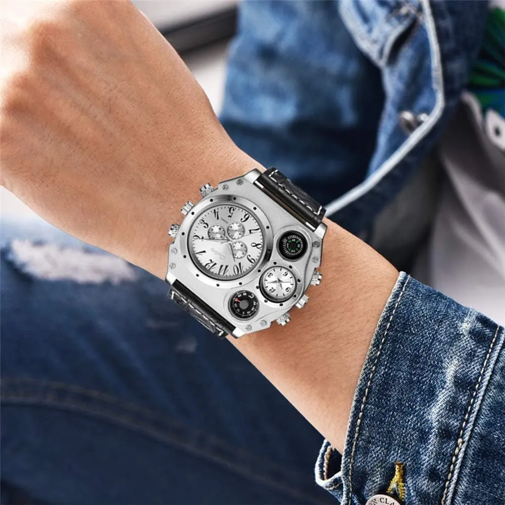 Watch with Decorative Compass Thermometer Dial Avaner Mens Big Face Watch, Dual Time Zone Leather ruthlessly prohibit amid twinkling catalogue Strap Sport Watch, Analog Quartz Wrist 