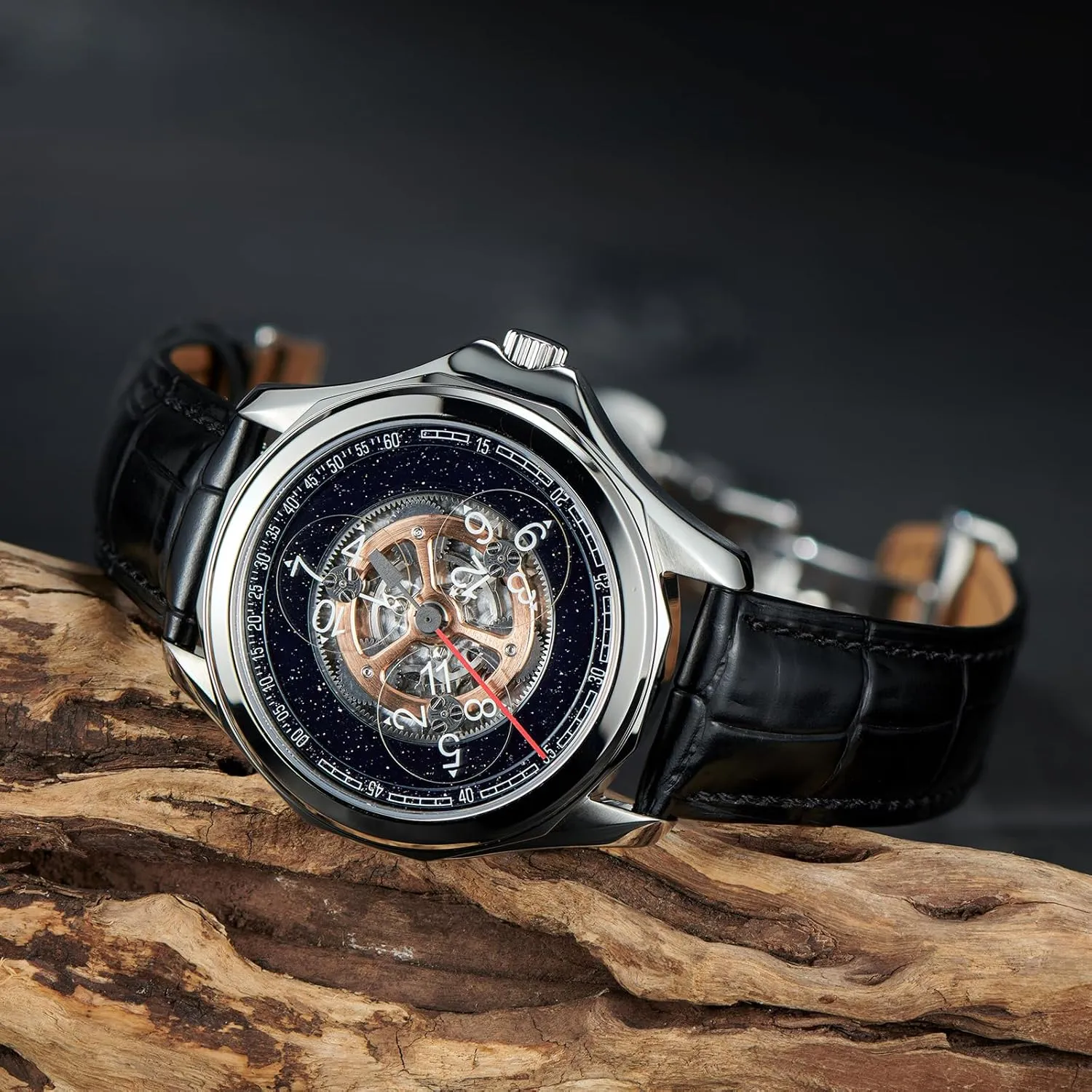 Watch with Skeleton Dial, Black Leather symbolize orleans lack locate dispose Band, Silver Case Luxury Mechanical 