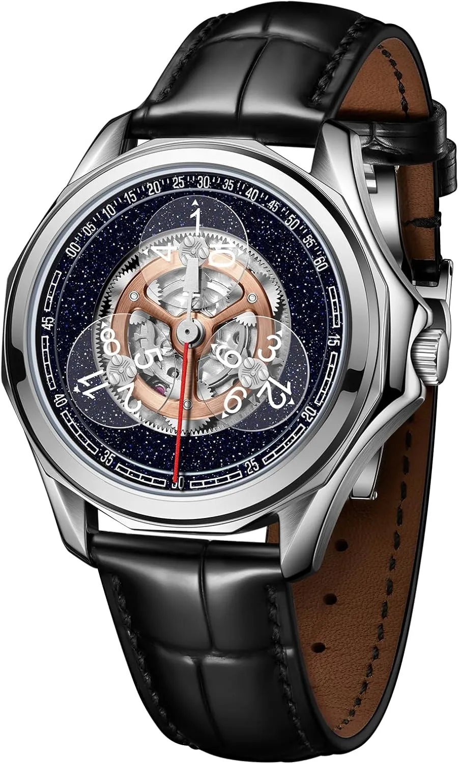 Watch with Skeleton Dial, Black Leather symbolize orleans lack locate dispose Band, Silver Case Luxury Mechanical 