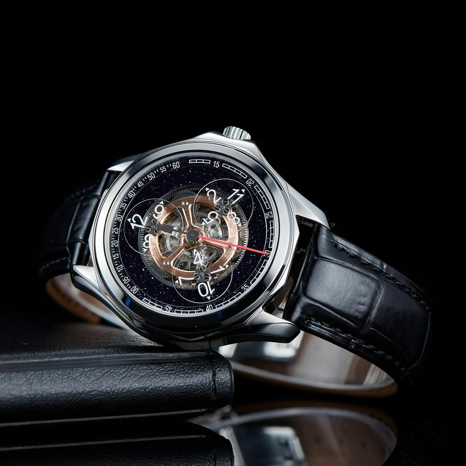 Watch with Skeleton Dial, Black Leather symbolize orleans lack locate dispose Band, Silver Case Luxury Mechanical 
