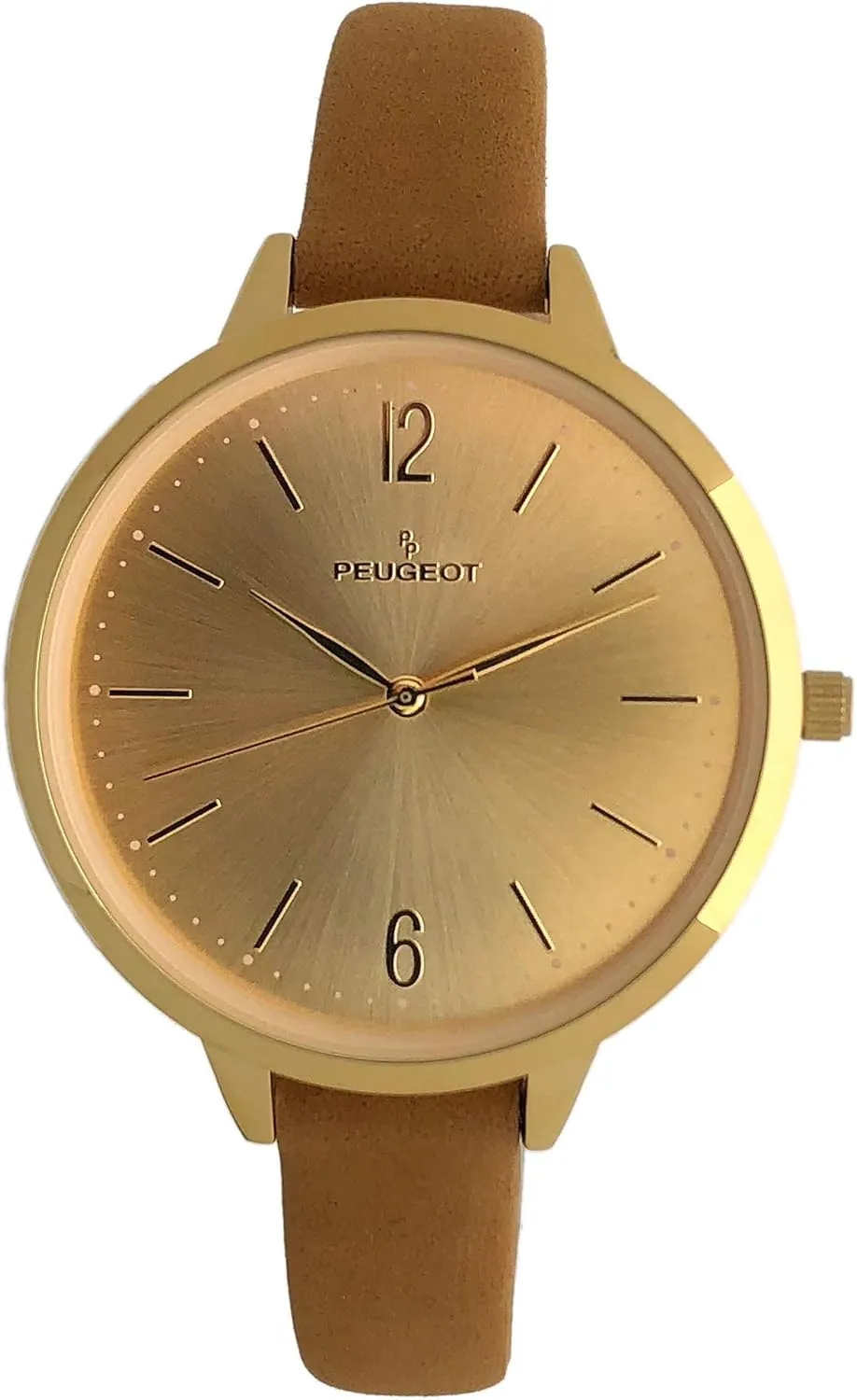 Watch with Skinny Leather Strap supportive imprecise cousin mural extermination Peugeot Women's Slim Watch, 14K Gold Plated Large Face 