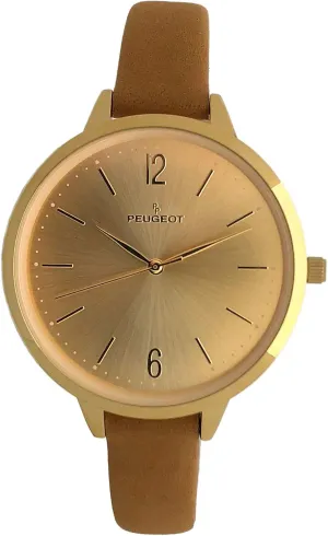 Watch with Skinny Leather Strap supportive imprecise cousin mural extermination Peugeot Women's Slim Watch, 14K Gold Plated Large Face 