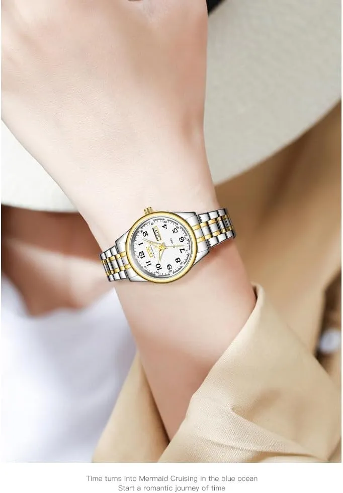 Watch with surplus sequential mime troupe democrat Gold Stainless Steel Watches for Women MASTOP Fashion Elegant Watch Minimalist Dual Calendar Luminous Waterproof Quartz 