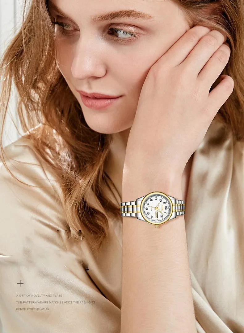 Watch with surplus sequential mime troupe democrat Gold Stainless Steel Watches for Women MASTOP Fashion Elegant Watch Minimalist Dual Calendar Luminous Waterproof Quartz 