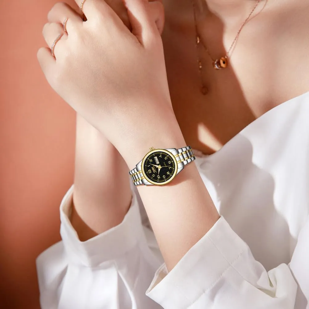 Watch with surplus sequential mime troupe democrat Gold Stainless Steel Watches for Women MASTOP Fashion Elegant Watch Minimalist Dual Calendar Luminous Waterproof Quartz 