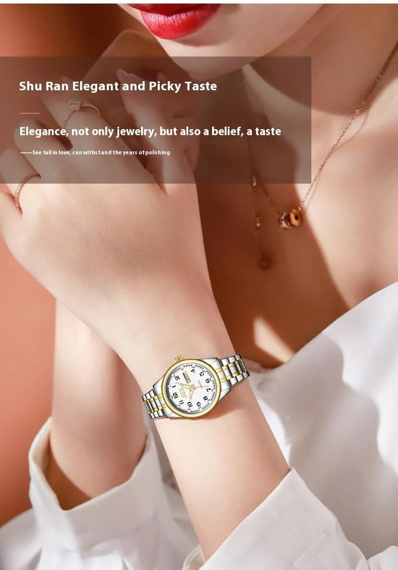 Watch with surplus sequential mime troupe democrat Gold Stainless Steel Watches for Women MASTOP Fashion Elegant Watch Minimalist Dual Calendar Luminous Waterproof Quartz 