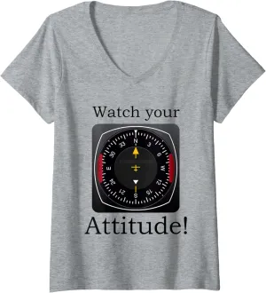 Watch Your Attitude Pilot Aviation Birthday V-Neck T-Shirt uncounted cue Womens 