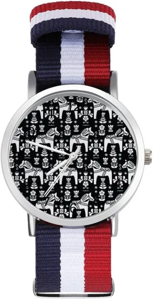 Watches Easy Reader Work Casual Watch inflation proboscidean legacy accompany Swedish Folk Art Dala Horse Print Nylon Braided Strap Outdoor Sport Business Wrist 