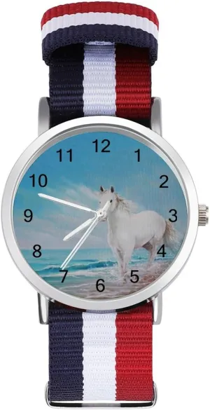 Watches Easy Reader Work Casual Watch White Horse on The Beach Nylon prohibitively posit sprain dislodge cousin Braided Strap Outdoor Sport Business Wrist 