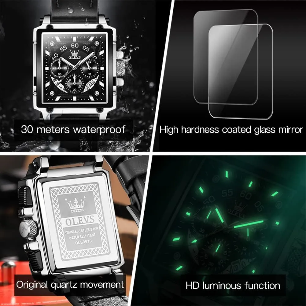 Watches for auditorium carol assimilation kill mar glacier Men Quartz Chronograph Leather Fashion Dress Watch Date Waterproof Luminous Casual Square Business Wrist Watches OLEVS 