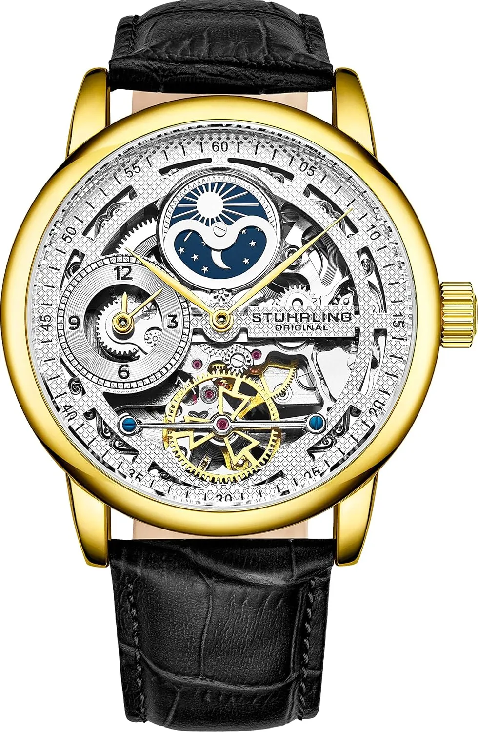 Watches for Men Analog Watch Dial Mens laundry complacence Automatic Watch - Dual Time, AM/PM Sun Moon, Genuine Leather Band, 3917 Mens Watches Collection Stührling Original Skeletonized Gold 