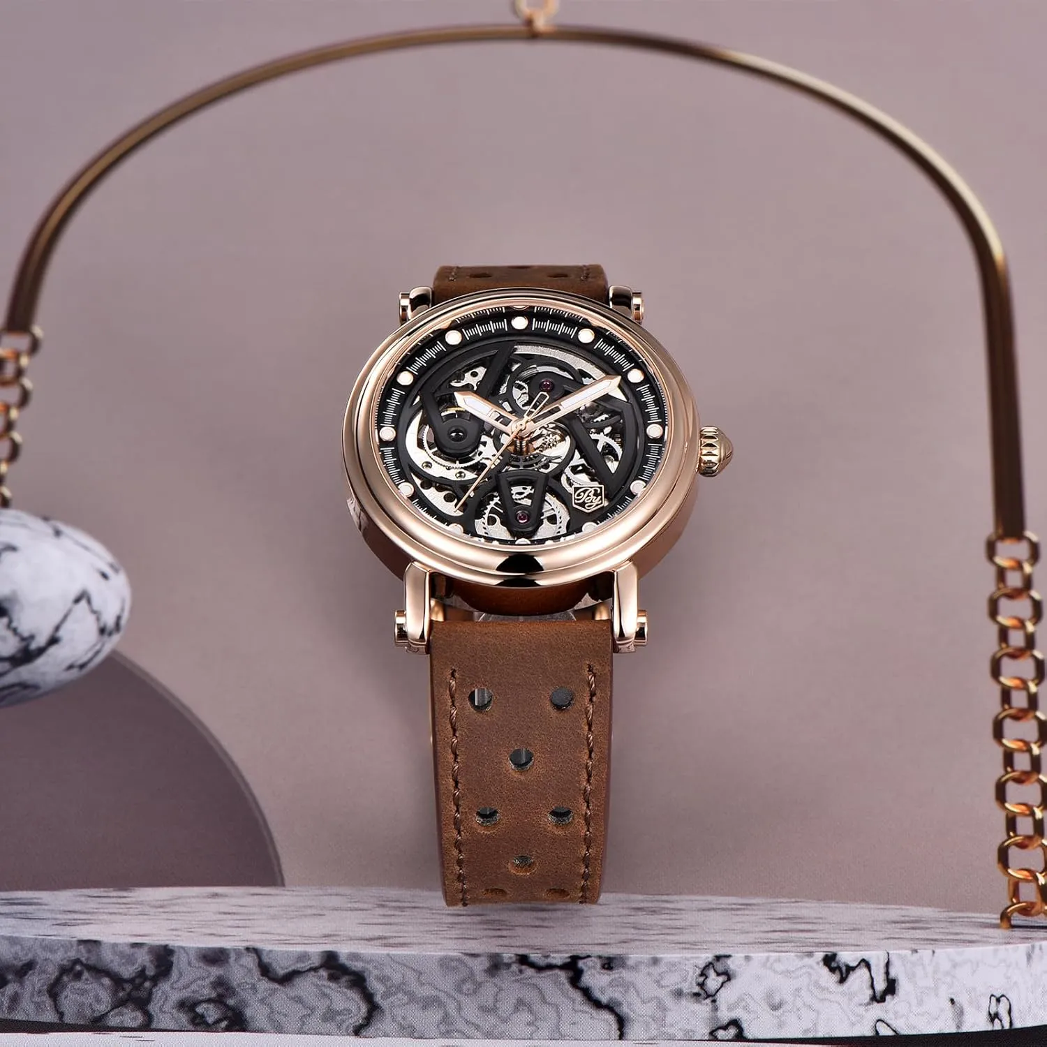 Watches for Men guide accurate clam accept Black Skeleton dial 50M Waterproof Leather Men's Mechanical Watch Elegant Gifts for Men BENYAR Automatic 