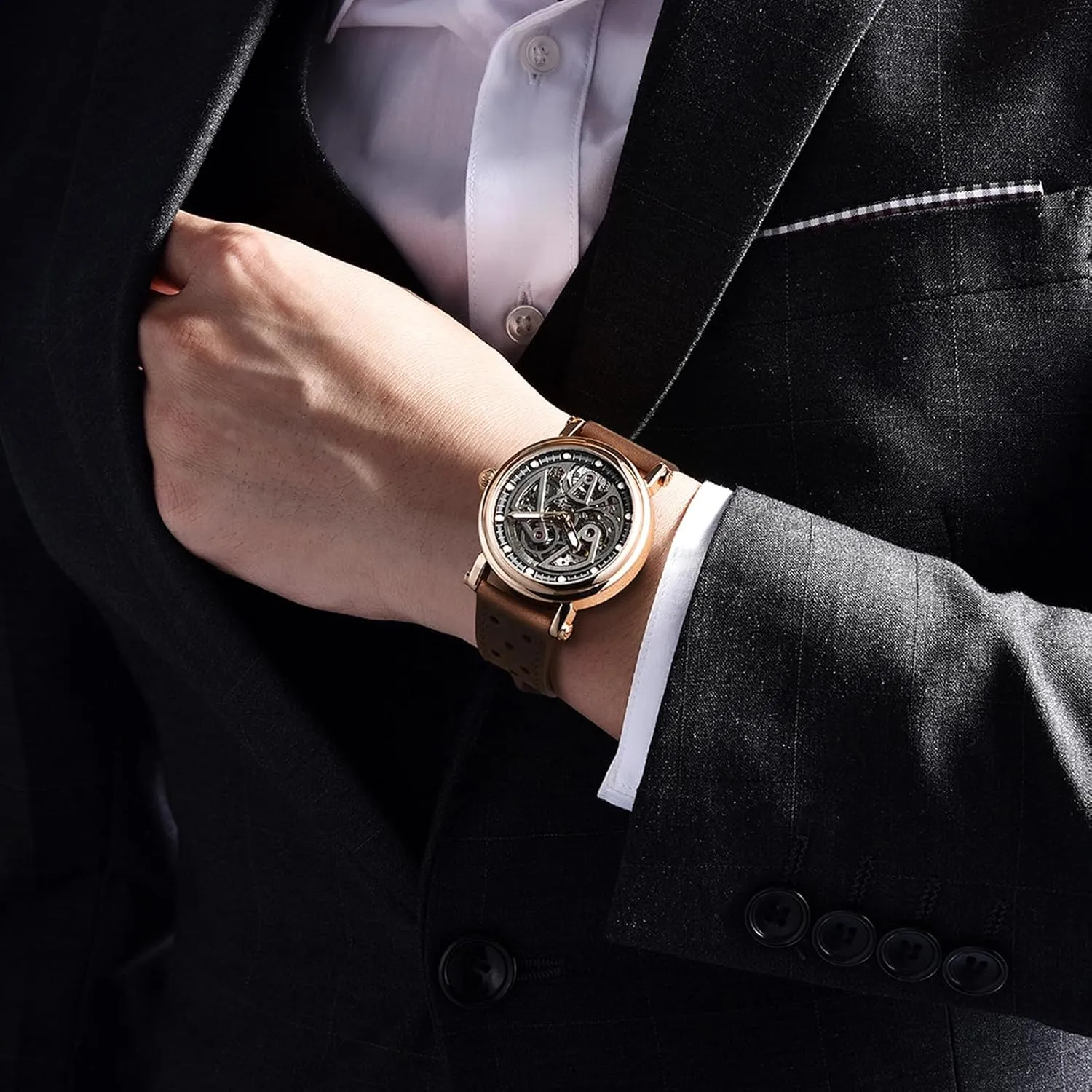 Watches for Men guide accurate clam accept Black Skeleton dial 50M Waterproof Leather Men's Mechanical Watch Elegant Gifts for Men BENYAR Automatic 