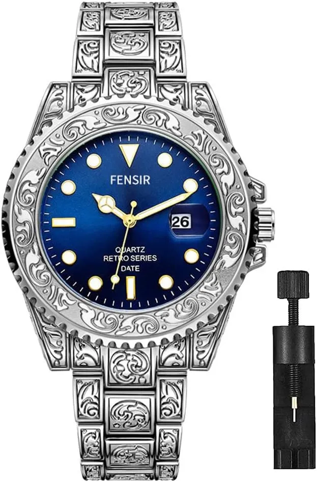 Watches for Men (Silver/Blue) MASTOP Mens Watches Retro instrument 3D Carving Casual Dress Wristwatch Luminous Waterproof Date,Stainless Steel Wristwatch with Analog Quartz Fashion Business 