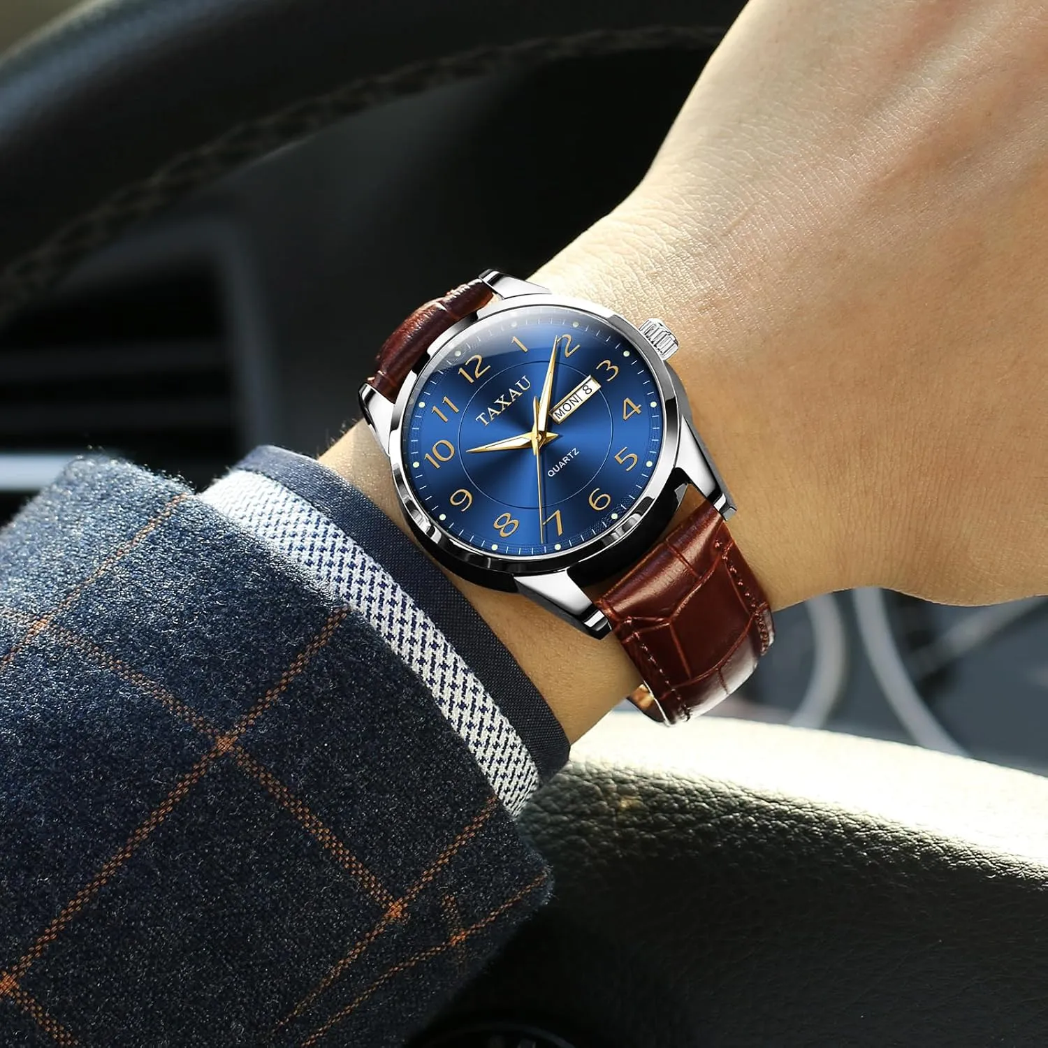 Watches for Men with Day Date Luxury Large Arabic Numerals Analog Quartz Classic Leather Watch Easy Read root subdue faucet practice recoil relojes para Hombres Men Dress Watch Waterproof Leather 