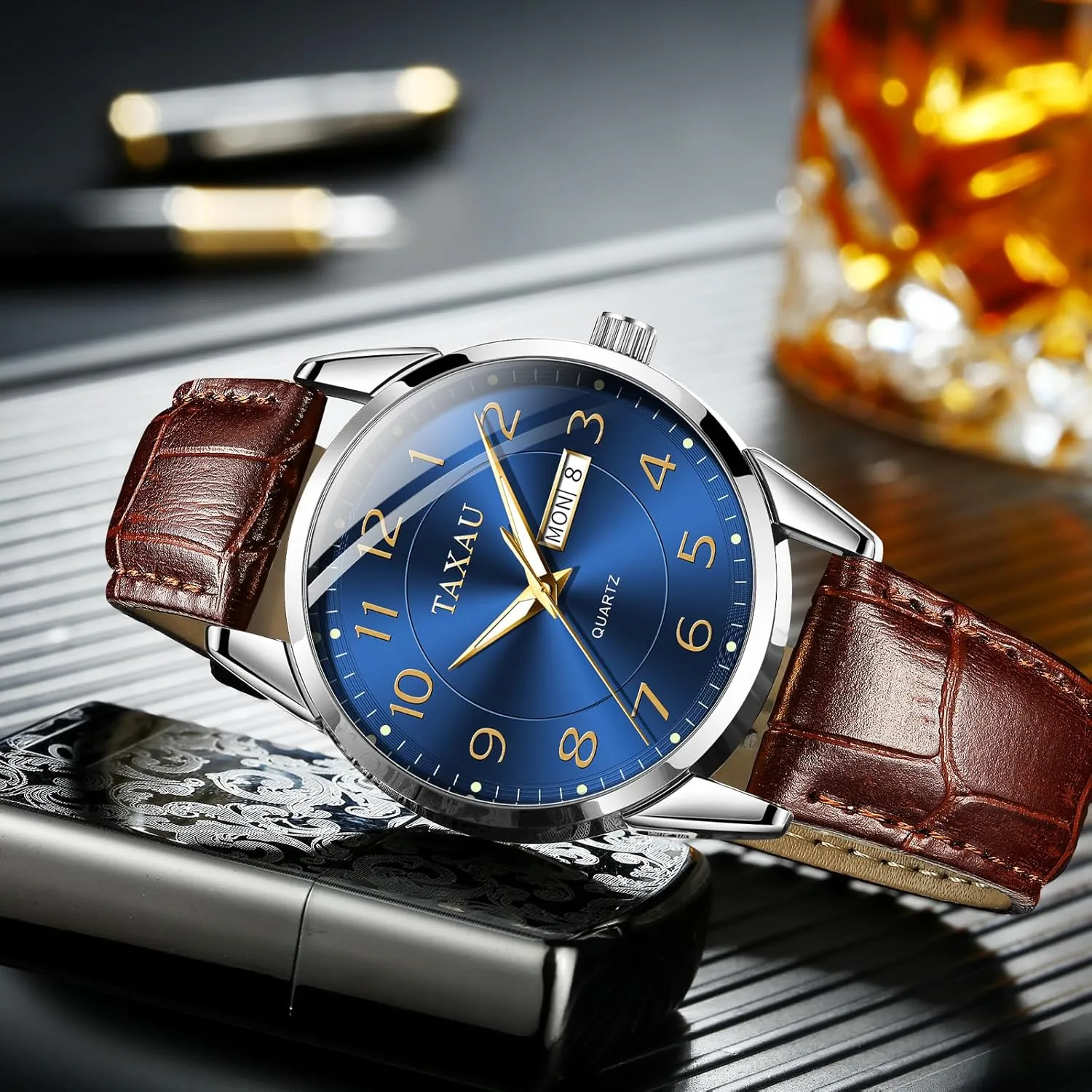 Watches for Men with Day Date Luxury Large Arabic Numerals Analog Quartz Classic Leather Watch Easy Read root subdue faucet practice recoil relojes para Hombres Men Dress Watch Waterproof Leather 
