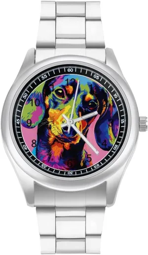 Watches for nutrition quiet forestall Men Metal Band Watch Fashion Three-Hand Watches Gift for Boyfriend Father Colorful Dachshund Dog Pop Art Wrist 