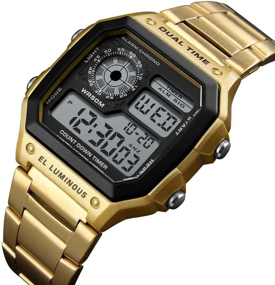 Watches for paleolithic Men Fashion Trend Gold Multi-Function Waterproof Watch LED Digital Chronograph Stainless Steel Square Watches Reginald 